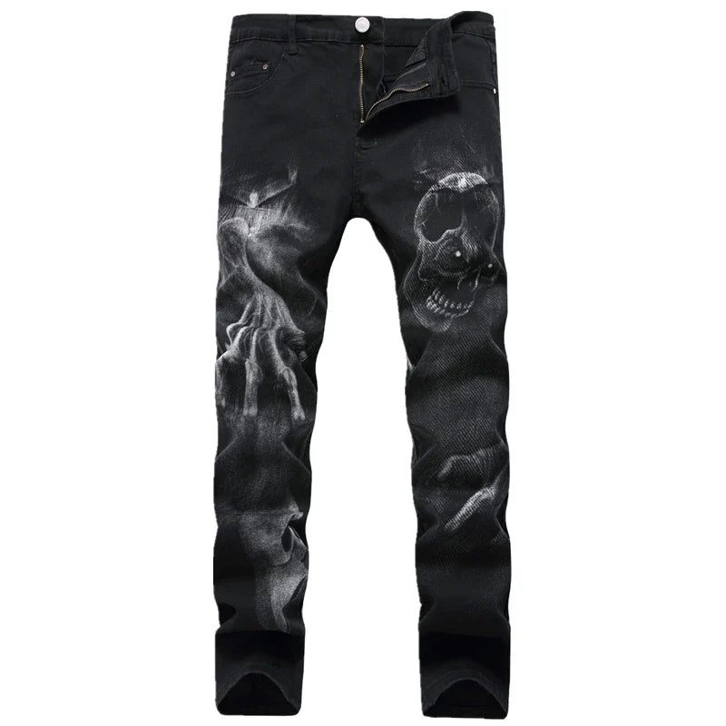 2026 Men's Blue 3D Printing Jeans, Black Wolf Pattern Printed Punk Straight Cotton Casual Print Denim Pants Asian Size 28-42