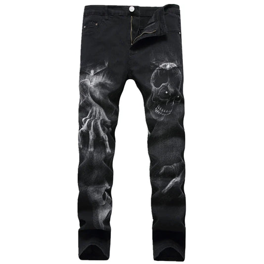 2026 Men's Blue 3D Printing Jeans, Black Wolf Pattern Printed Punk Straight Cotton Casual Print Denim Pants Asian Size 28-42