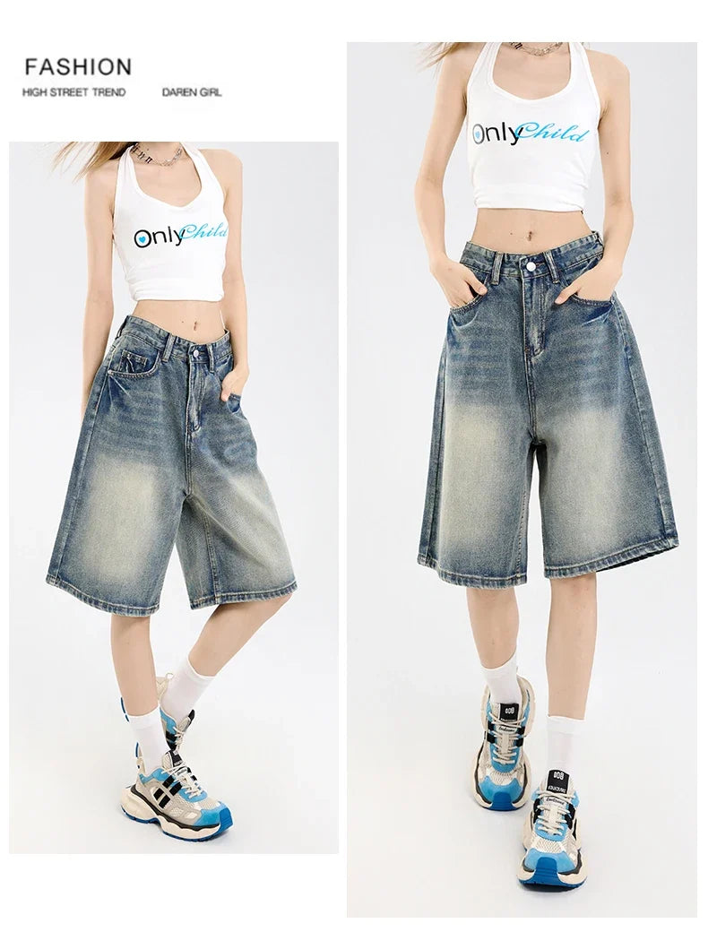 2026 Korean Street Casual Y2K Loose Wide-leg Denim Shorts Five-point Baggy Jeans Women's All-match Straight Summer Hot Shorts
