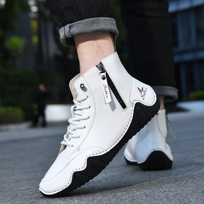 New 2025 Handmade Casual Shoes Men Sneakers Ankle Boots Leather Side Zipper Comfortable Breathable Anti-Slip Outdoor Walking
