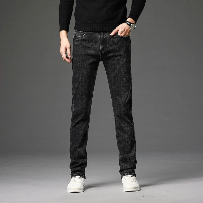 2025 Fall New Men's Cotton Stretch Slim Jeans Straight Version Business Fashion Denim Pants Vintage Blue Brand Trousers Black
