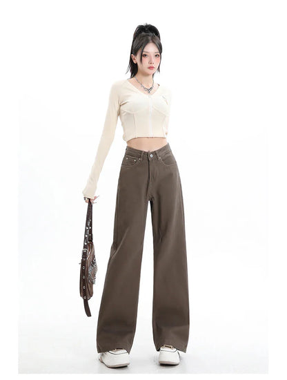 Baggy High Street Fashion Straight brown Jeans for Women's Y2k High Waist Female Clothing Solid Color Casual Wide Denim Trousers