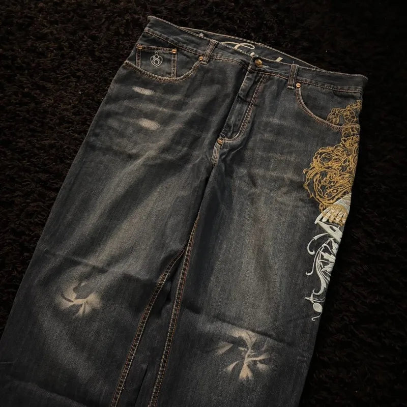 American New Fashion Oversize Pattern Embroidered Baggy Jeans Men Y2K Gothic Harajuku Hip Hop Straight High Waist Wide Leg Pants