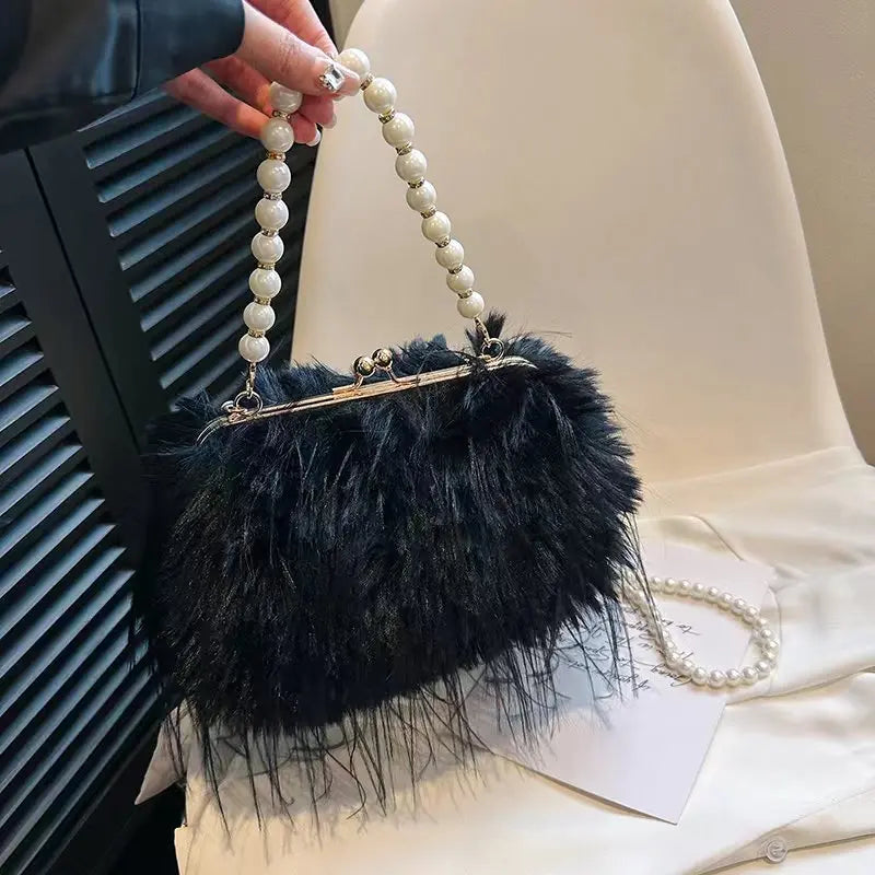 Luxury Faux Fur Evening Bag Pearl Chain Trendy Long Tassel Plush Shoulder Bag Large Capacity Tote Wedding Handbag XA48ZZ