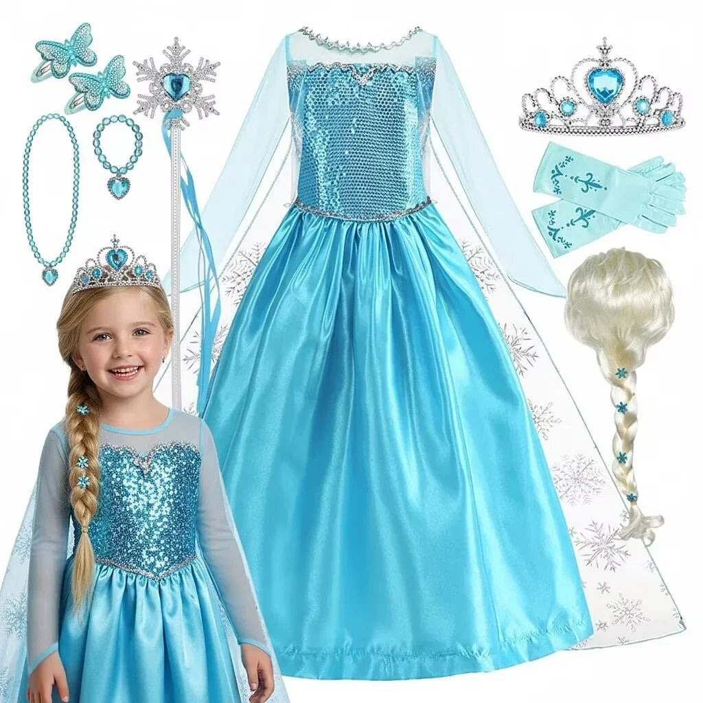 2026 Vestidos Snow Queen Princess Dress Girls Costume Halloween Kids Role-play Carnival Children Birthday Party Dress