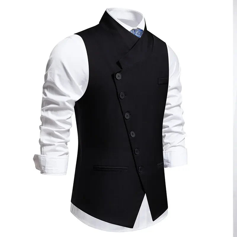 Men's Wedding and Party Vest with Diagonal Front Placket and Single-Button Closure