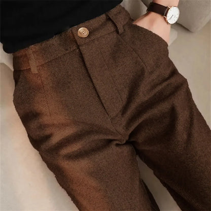 Italian Vintage Suit Pant For Men Autumn Winter Wool Herringbone Pattern Straight Trousers British Style Business Casual Pants
