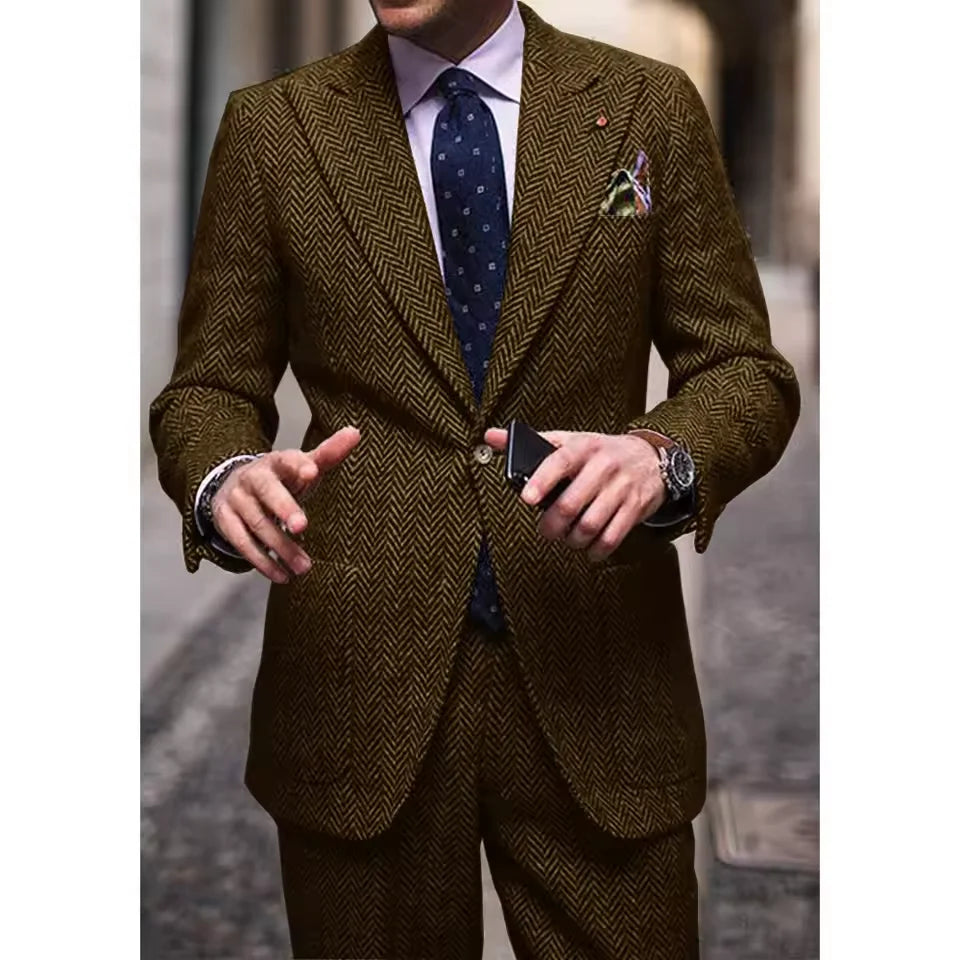 Men's Herringbone Two-Piece Suit Notch Lapel Single-Breasted Slim Fit Comfortable Waist Casual Elegant Business Suit Set Formal