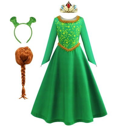 Fiona Dress Halloween Shrek Cosplay Fantasy Dress Up Green Princess Costume Children Elegant Gown Kids Long Sleeve Print Frocks