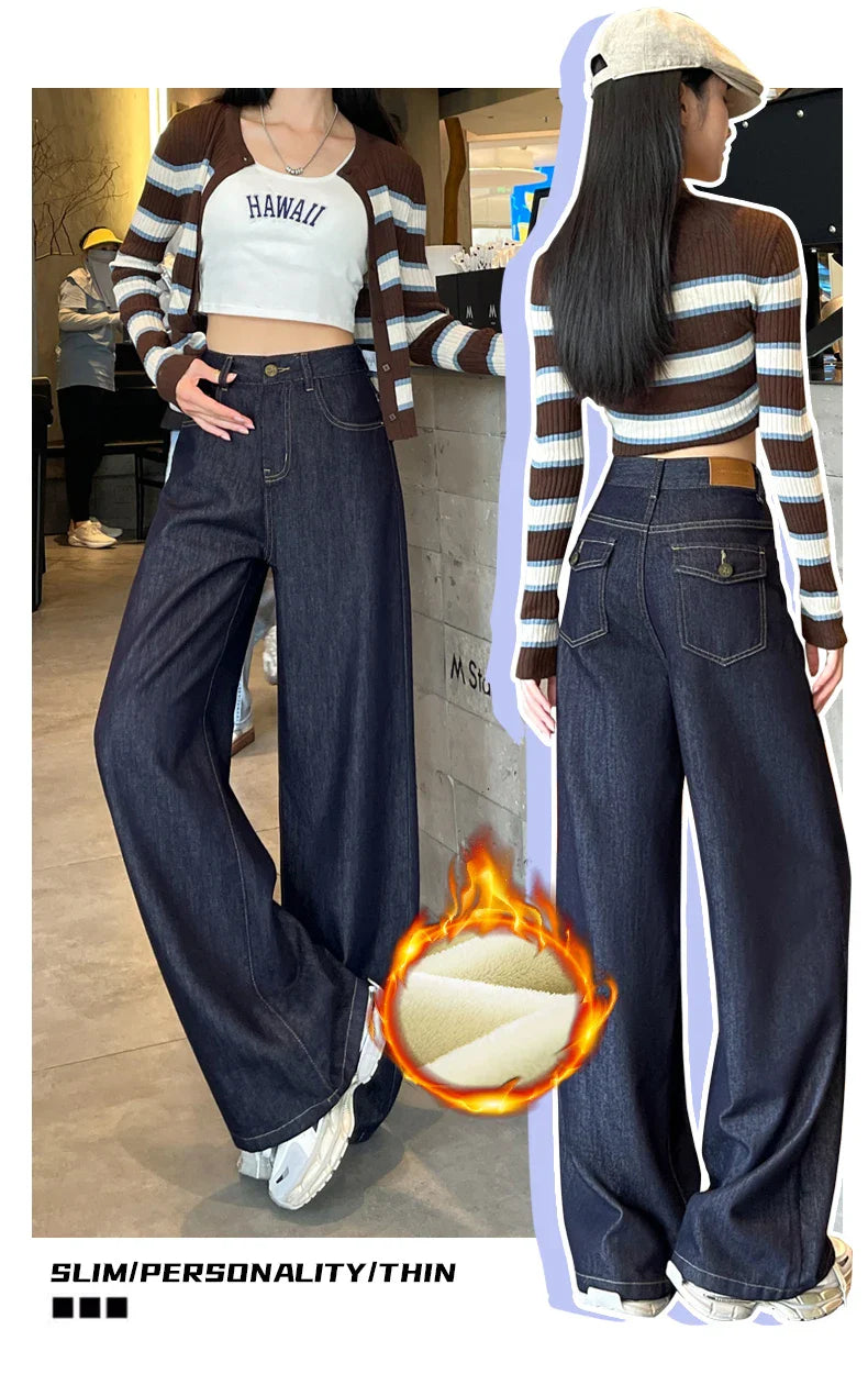 Wide Legs Fleece Jeans Women Winter Loose Velvet Casual Pants Comfortable Warm Straight Fashion Pocket Plush Denim Trousers