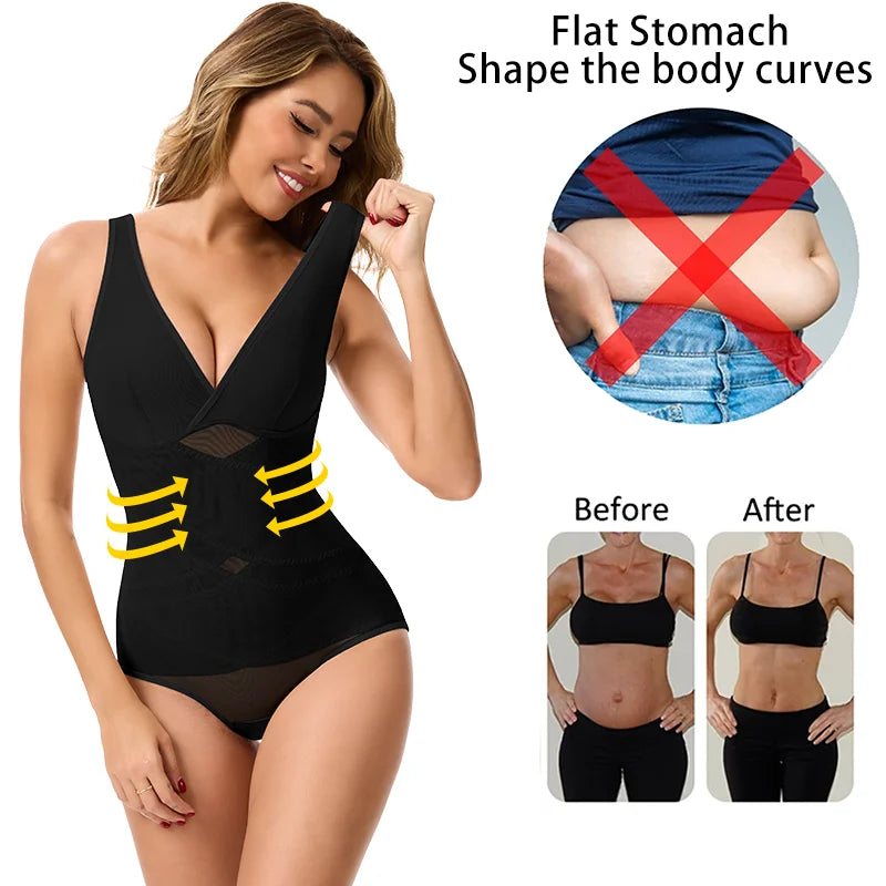 Women's High Stretch Bodysuit Shapewear Bodysuit Sexy Cross Mesh Underwear Tummy Control Slimming Full Body Shaper