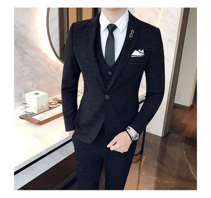 Blue Men Classic Striped/Checked Suits, Asian Size Slim Fit Business Office 3-Piece Sets, Black/Gray and Red Available.