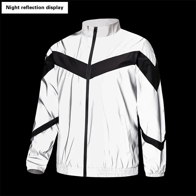Night Reflective Jacket Men's Fashion Stand Collar Splicing Spring Autumn Casual Jacket Trendy Hip-hop Dance Streetwear