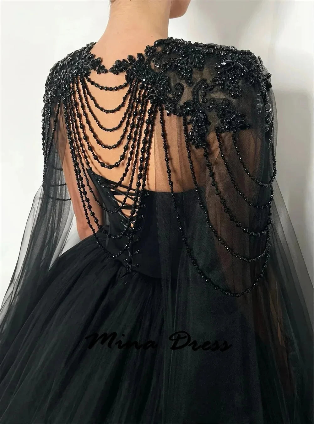 Mina Customized Elegant Party  2024 for Wedding Evening Dresses Woman Elegant Black Shawl Ball Gowns Beads Gauze Evening Dress