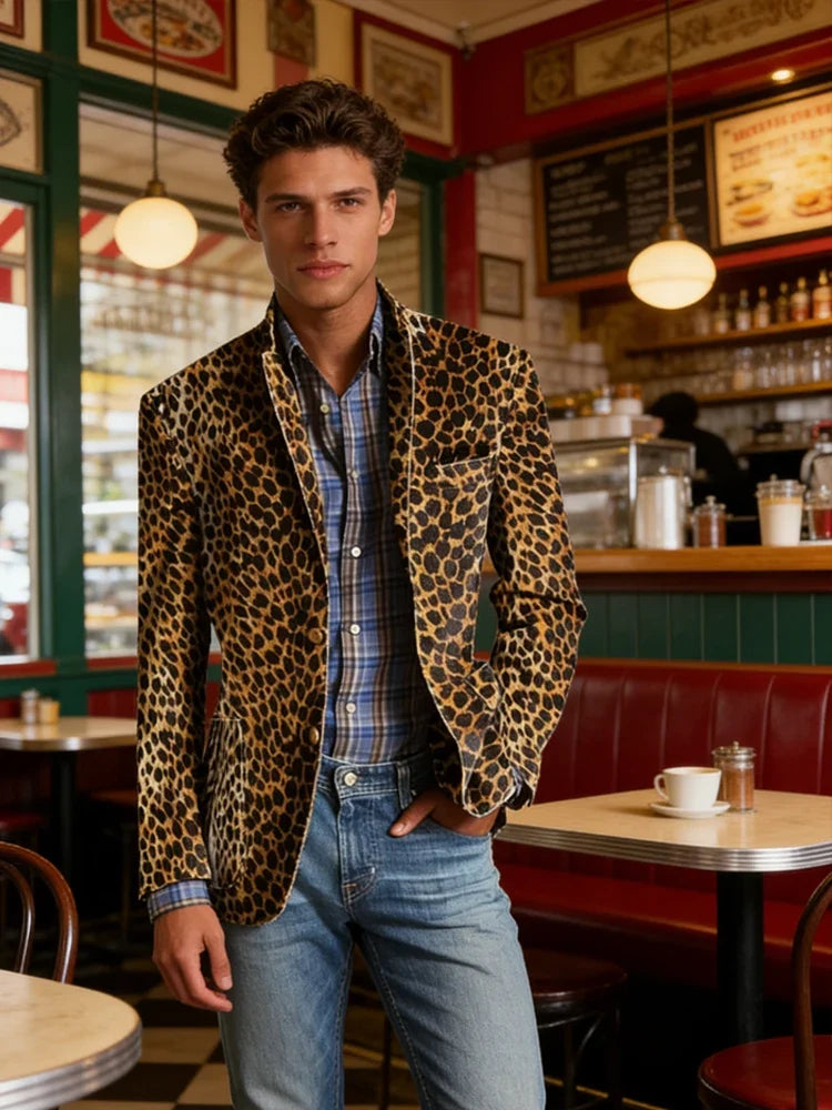 Men's Leopard Print Velvet Blazer Classic Fit Stylish Long Sleeve Notched Lapel Suit Jacket for Nightclub Wedding Streetwear