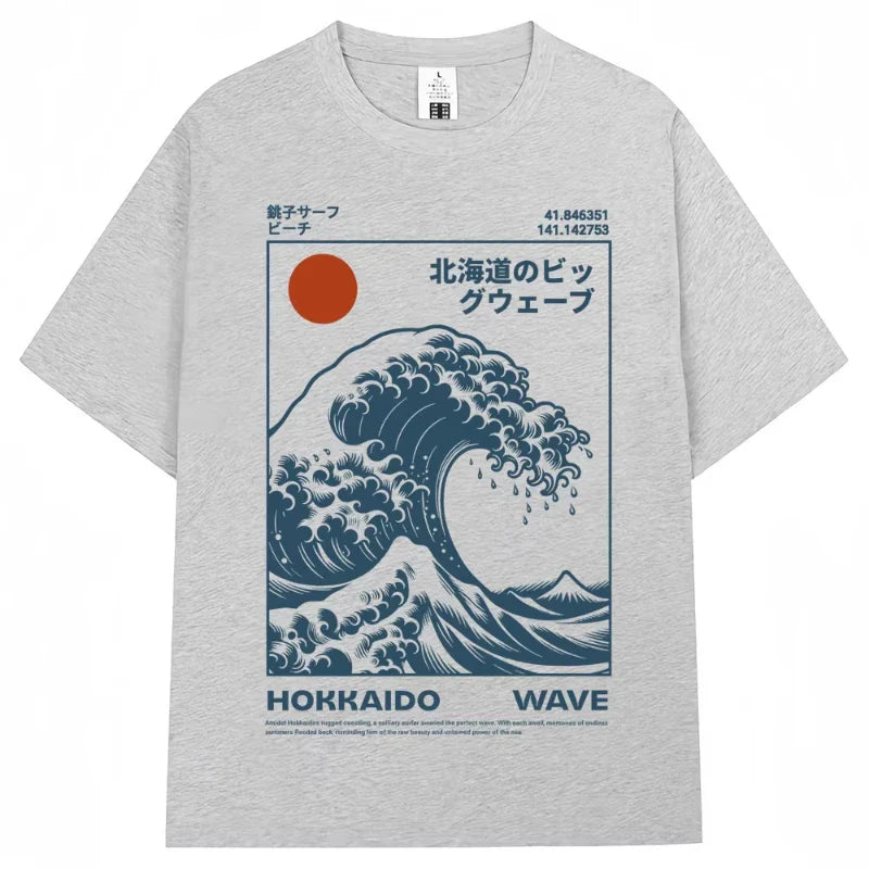 Japanese Style Hokkaido Wave Vintage T-shirt Men Women Harajuku Fashion High Quality T Shirts Oversized Cotton Summer Tee Shirt