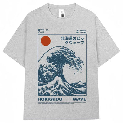 Japanese Style Hokkaido Wave Vintage T-shirt Men Women Harajuku Fashion High Quality T Shirts Oversized Cotton Summer Tee Shirt