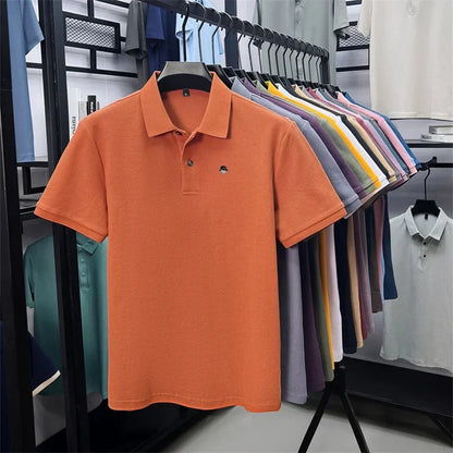 Men's Cotton100% High End Brand Lapel Polo Shirt Summer New Solid Color Print Short Sleeve T-Shirt Casual Breathe Men's Clothing