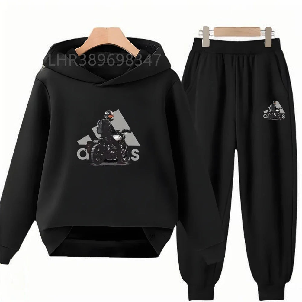 Children Fun Brand Black Clothing Hoodie Coat Sweatshirt Top+Trousers Boys Girls White Toddler 3-12Yrs Casual Kids Pullover Set