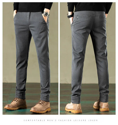 2024 Spring New Men's Casual Pants Brand Clothing Business Elastic Waist Thick Classic Slim Trousers Male Black Grey Brow