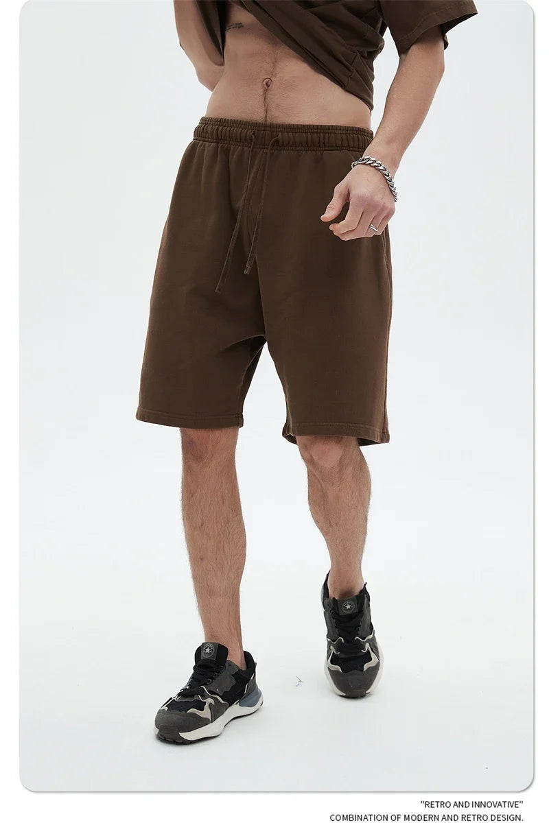 Fashion Summer Men 420gsm Washed Cotton Shorts Retro Unisex High Street Terry Knee Length Short Pants Streetwears HY0845