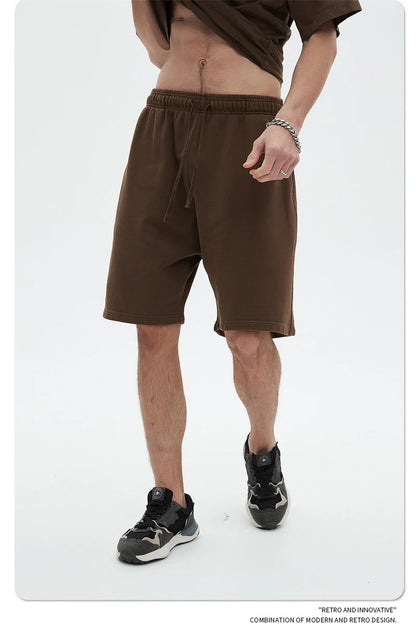 Fashion Summer Men 420gsm Washed Cotton Shorts Retro Unisex High Street Terry Knee Length Short Pants Streetwears HY0845