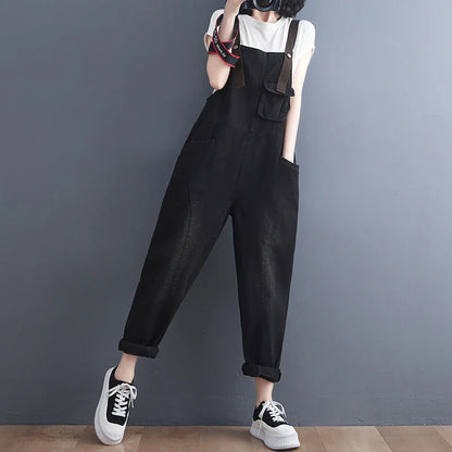 Loose Women's Denim Overalls Faionable Spring Summer High Waist Long Pants Thermal Properties Deep Color Korean Sle