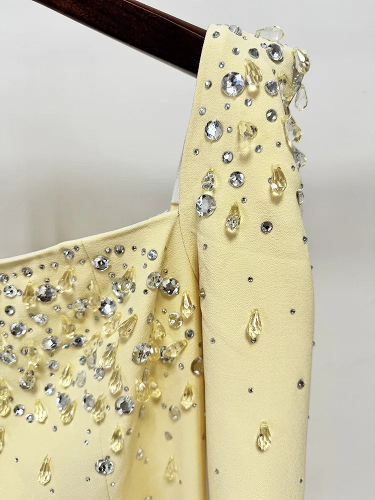 HIGH QUALITY Newest Fashion 2026 Designer Vestido Women's Square Collar Beading Diamonds Long Sleeve Maxi Dress