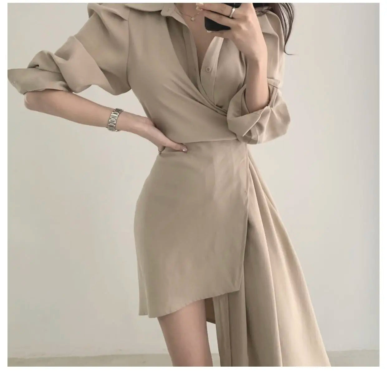 Early Autumn Shirt Dress Women's Mid-Length Asymmetrical Single-Button Notch Collar Slimming Style Commute Fashion
