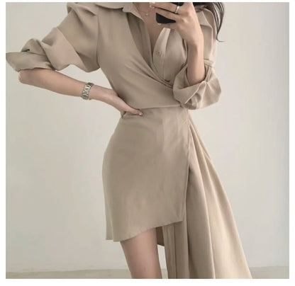 Early Autumn Shirt Dress Women's Mid-Length Asymmetrical Single-Button Notch Collar Slimming Style Commute Fashion