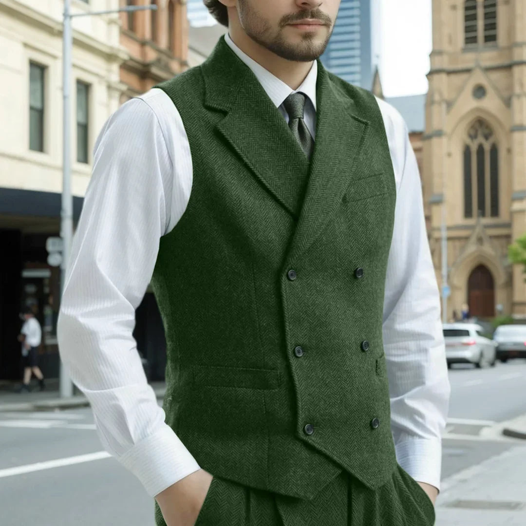 Men Vest Army Green Herringbone Double Button With Lapel Waistcoat For Wedding Business Office Work Daily Casual Men Suit Vest