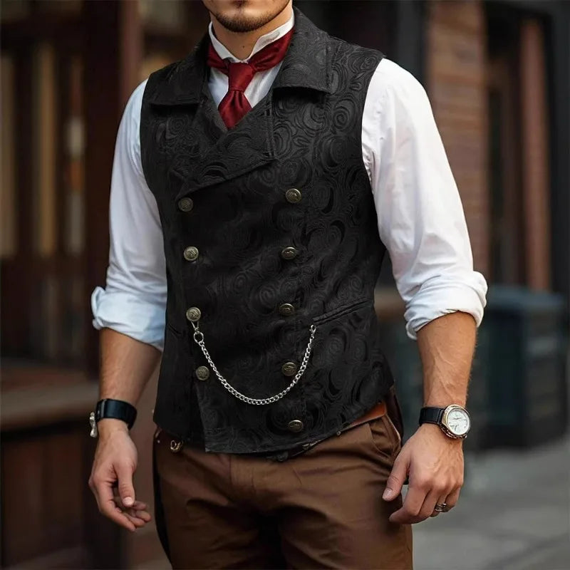 Suit Vest Men British Style Turn Down Collar Double-breasted Male Waistcoat Slim Printed Business Casual Man Coat Vest