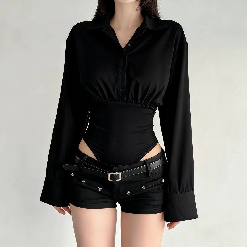 Summer Fashion New Design Sense High-end Spicy Girl Three-dimensional Top Simple Slim Fit Versatile Long Sleeved Jumpsuit Shirt