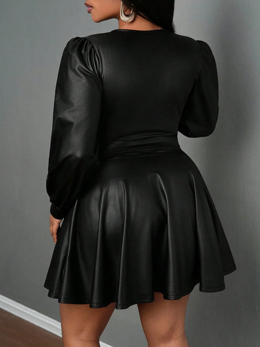 plus Size Leather Skirt for Women Deep V Neck Lantern Sleeve Waist Cinched A-Line Party Outfit Sexy Girl's Ensemble