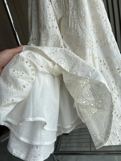 2025 new  women's elegant fashion hollow embroidery cotton shirt lapel short-sleeved dress temperament long skirt
