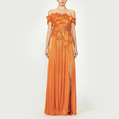 Customized Off-shoulder Georgette Prom Dresses for Women Pleated A Line فساتين سهرة with Slit Ruching Prom Gown