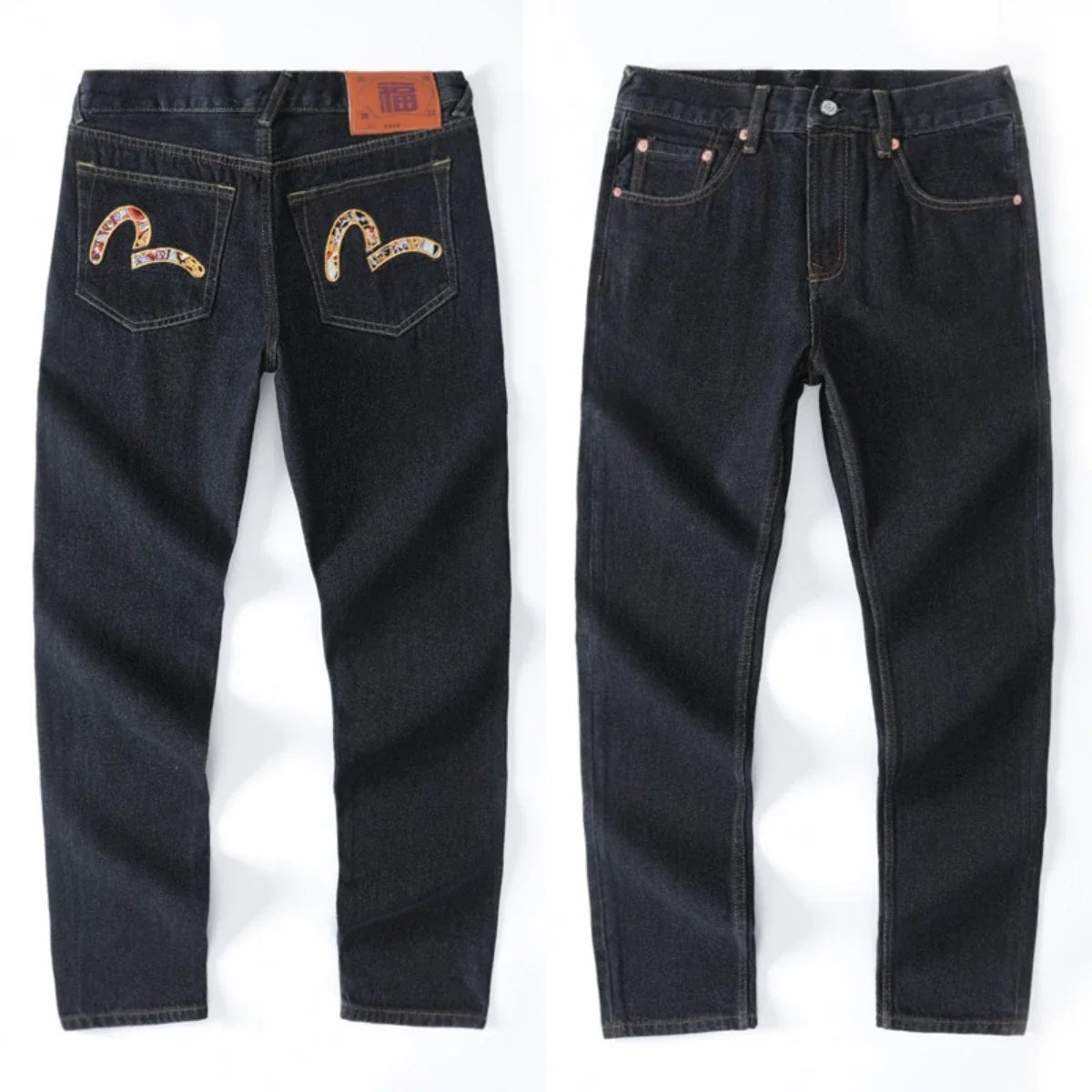 Japanese Handmade Embroidered Jeans Men's Pure Cotton Straight Tube Hip-Hop Popular Slim Red Ears Show Thin Trousers Devil Big M