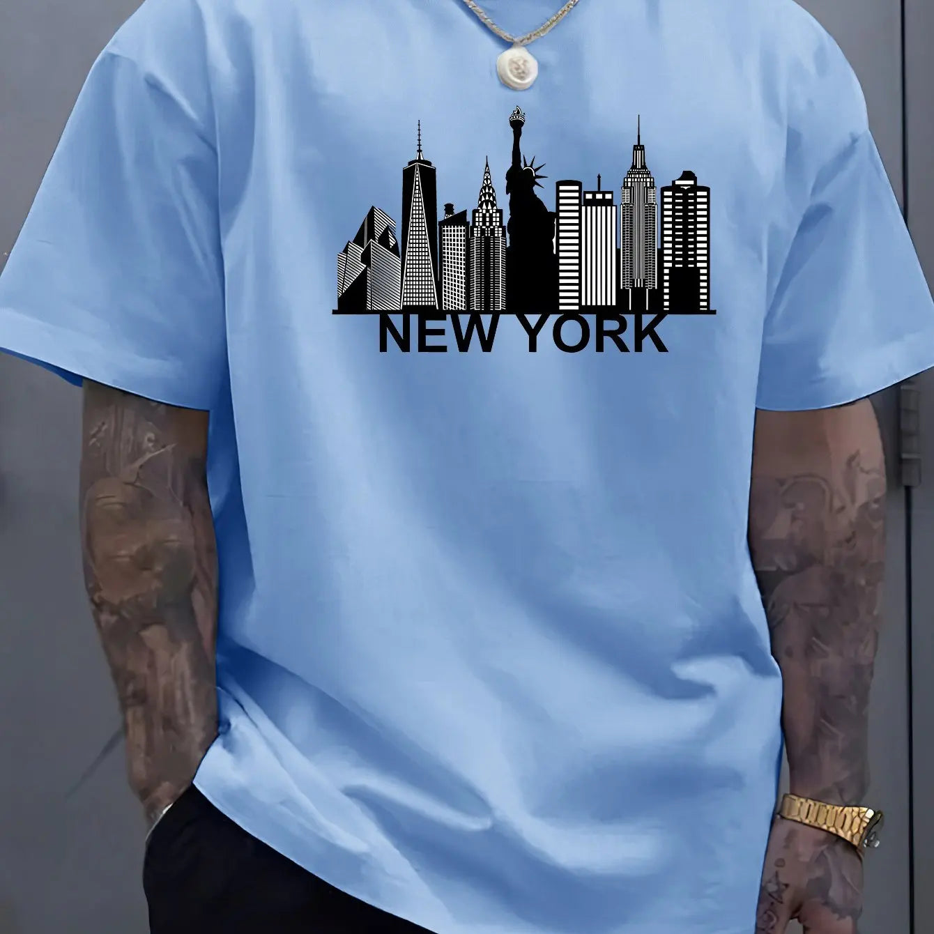 100% pure cotton men's New York city pattern printed fashionable casual loose sports round neck short sleeved T-shirt top