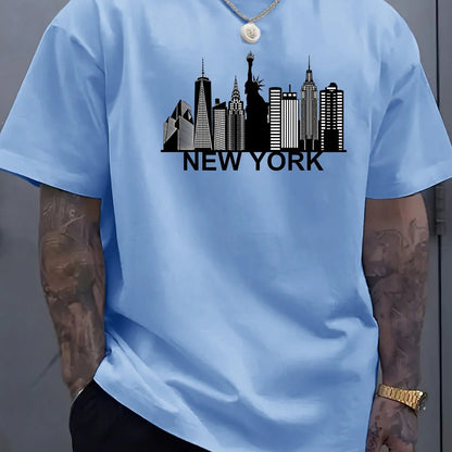 100% pure cotton men's New York city pattern printed fashionable casual loose sports round neck short sleeved T-shirt top