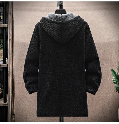 Men's Cardigan Cashmere Long Coat Sweaters with Hoods Autumn Winter New Fleece Warm Solid SweaterCoat Windbreaker Men Clothing