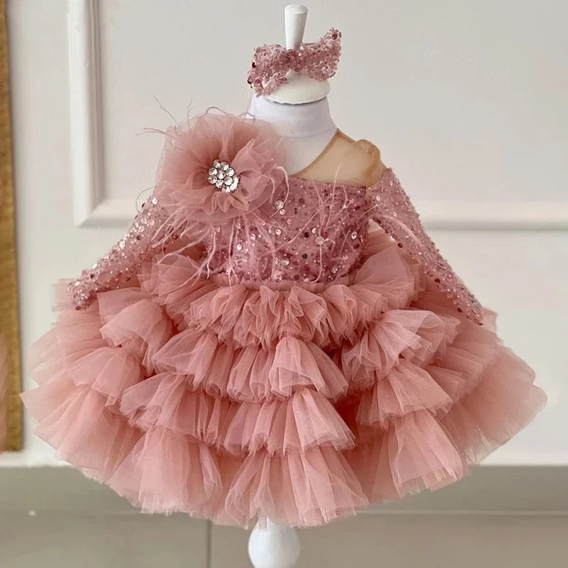 Customized Flower Girl Dresses Cute Pink Glitter Sequined Shiny Puffy Organza With Bow Fit Wedding Party Princess Ball Gowns