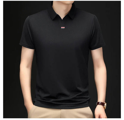 High quality brand solid color V-neck short sleeve polo shirt men summer fashion simple casual ice silk breathable lapel T-shirt