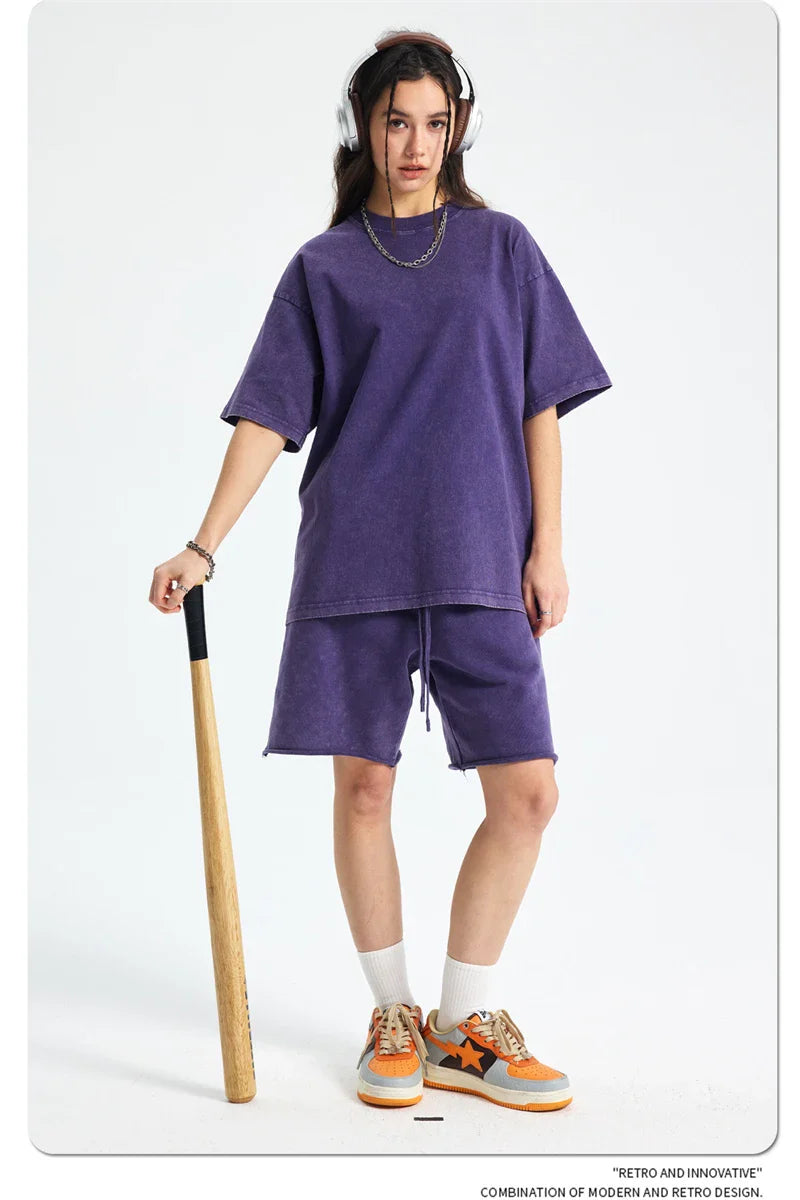 2025 High Street Summer Washed Cotton T-Shirt Tees For Men Unisex Loose Retro Solid T Shirts Brand Tops HY0113