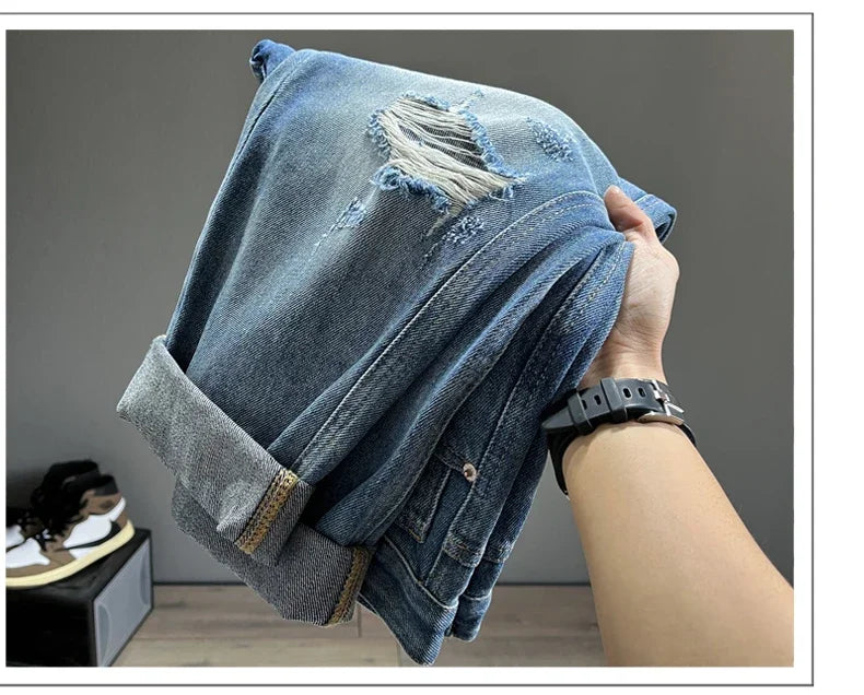 New Men's Ripped Jeans Personality Fashion Tapered Hole Frayed Denim Trousers Streetwear Casual Vintage Blue Pants Male Clothes