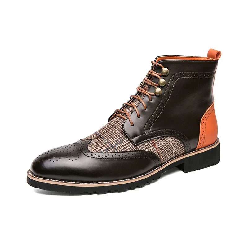 Retro Black Men's Leather Boots 2024 Quality Pointed-Toe Lace-up Men's Dress Boots Plus Size 48 Comfy High Top Men Brogue Shoes