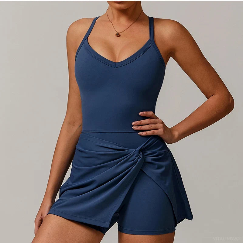Womens Tennis Dress with Shorts Underneath Workout Dress with Built-in Bra Deep V Neck Athletic Dresses Golf Dress