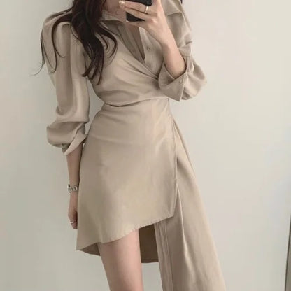 Early Autumn Shirt Dress Women's Mid-Length Asymmetrical Single-Button Notch Collar Slimming Style Commute Fashion