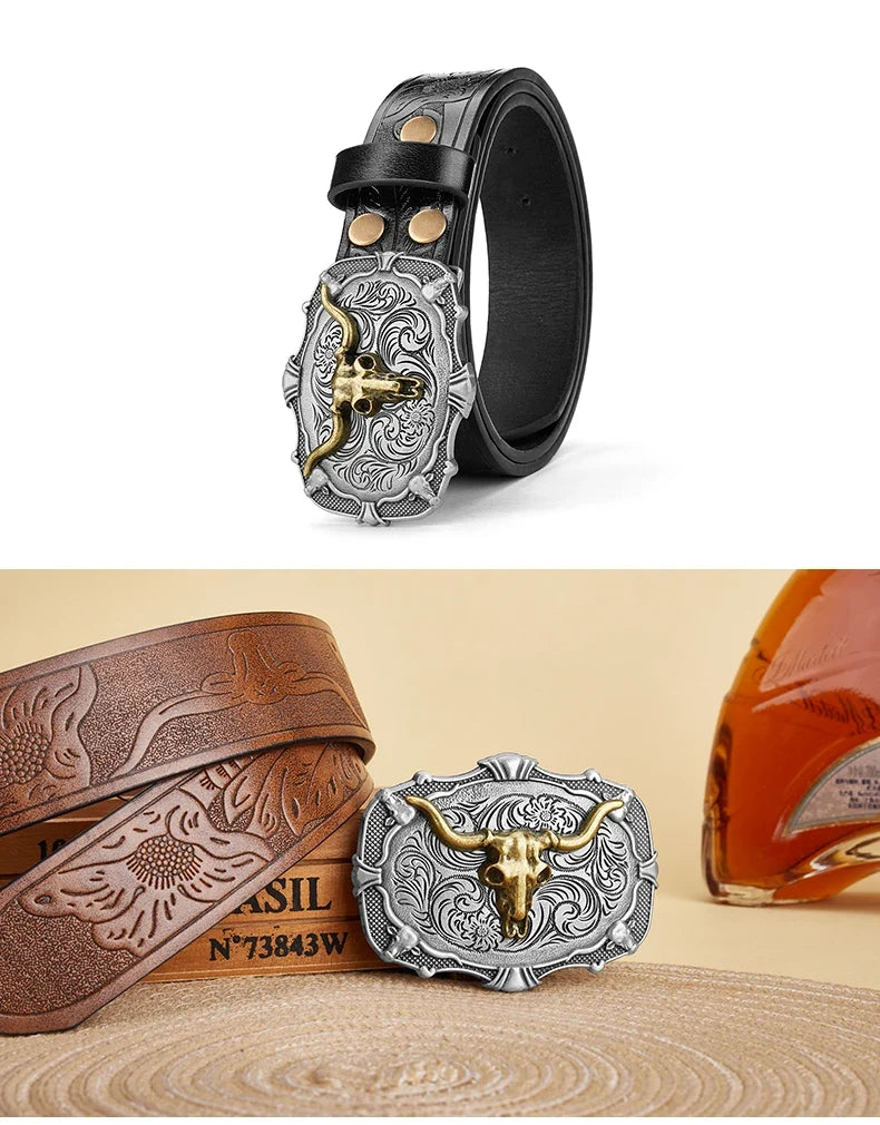 Western Cowboy PU Leather Belt - Men Waist Strap Bull Decoration Floral Engraved for Jeans