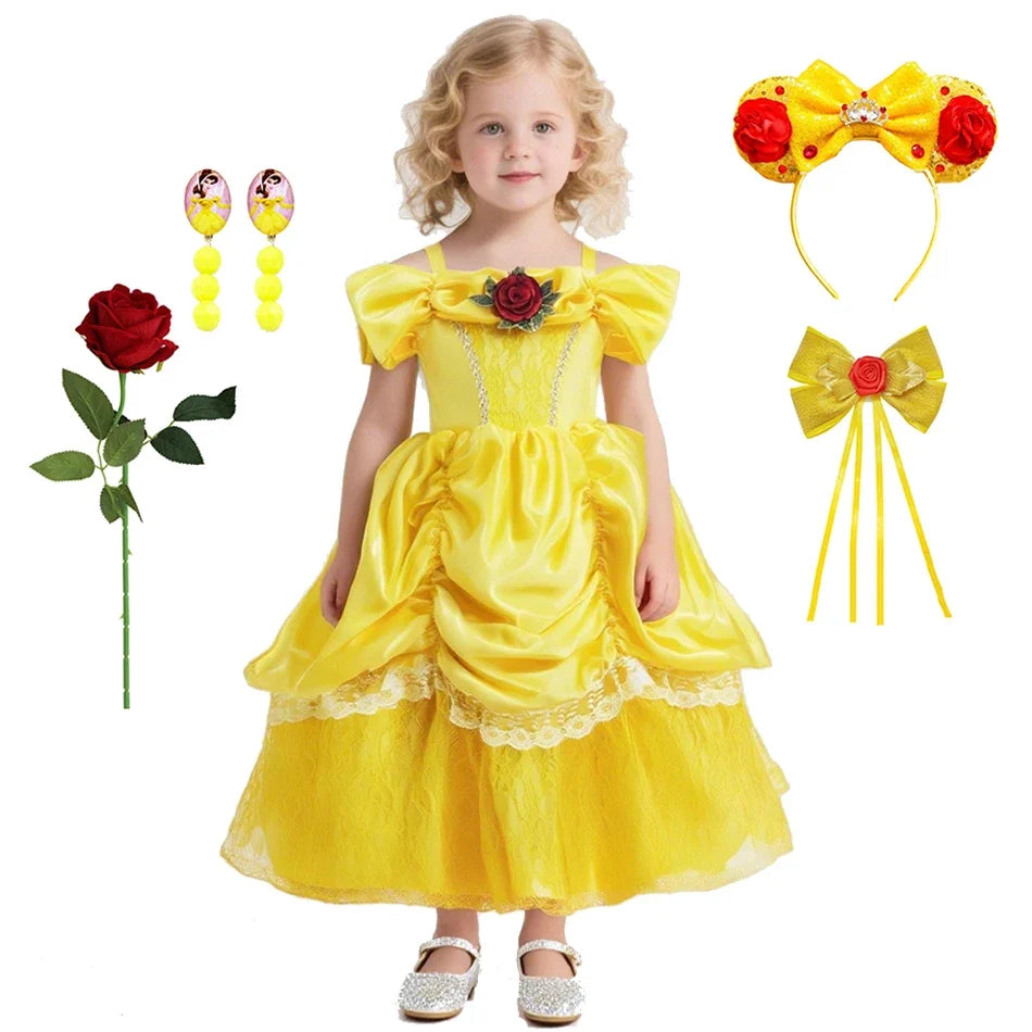 Girl Belle Dress Beauty Cosplay Costume Princess Deluxe Applique Outfit Children Birthday Party Elegant Gown Fairy Disguise Sets