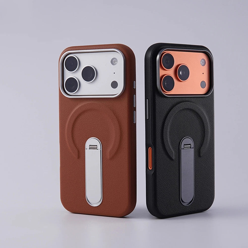 Luxury Rotation KickStand Business PU Leather Case For iPhone 17 Pro Max 16 15 14 13 For MagSafe Magnetic Matte Shockproof Cover